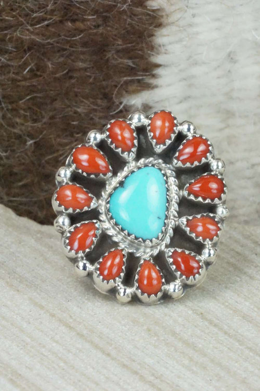 Coral, Turquoise & Sterling Silver Ring - Roberta Begay - Size 5.5