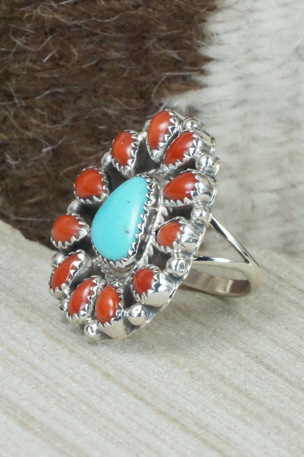 Coral, Turquoise & Sterling Silver Ring - Roberta Begay - Size 5.5