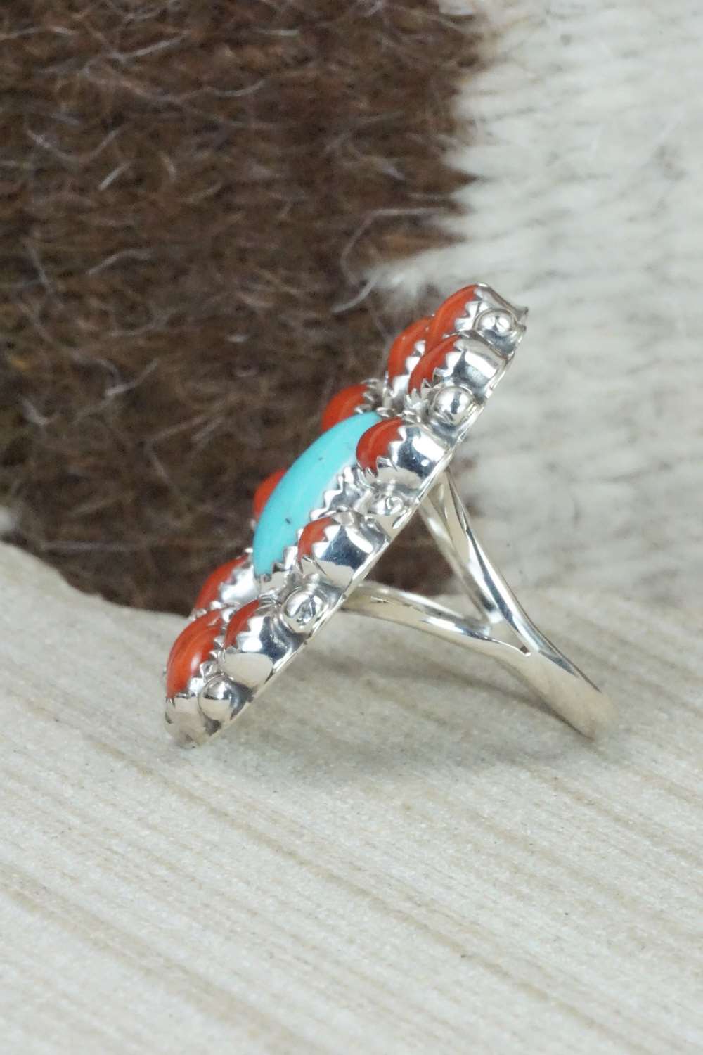 Coral, Turquoise & Sterling Silver Ring - Roberta Begay - Size 5.5