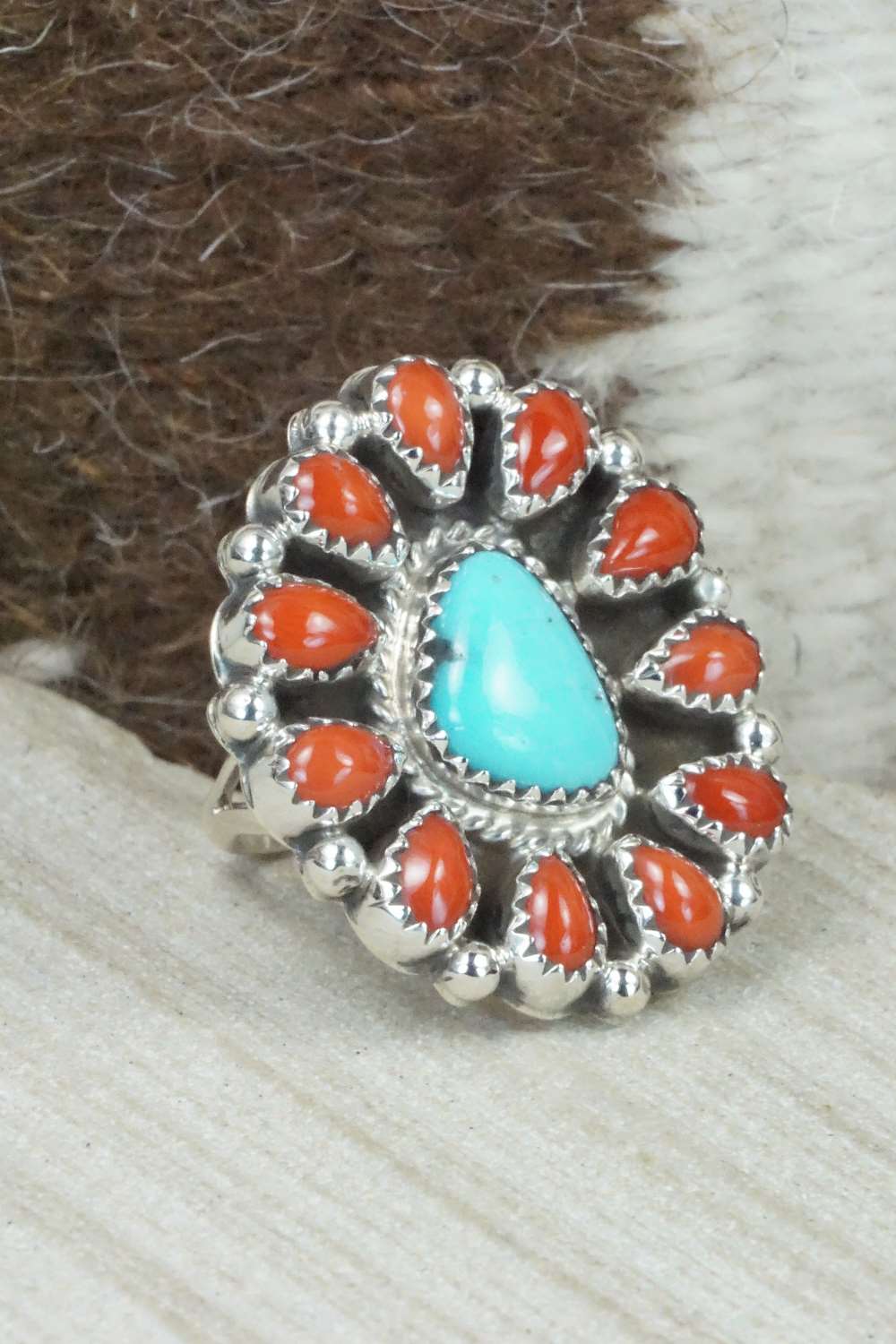 Coral, Turquoise & Sterling Silver Ring - Roberta Begay - Size 5.5