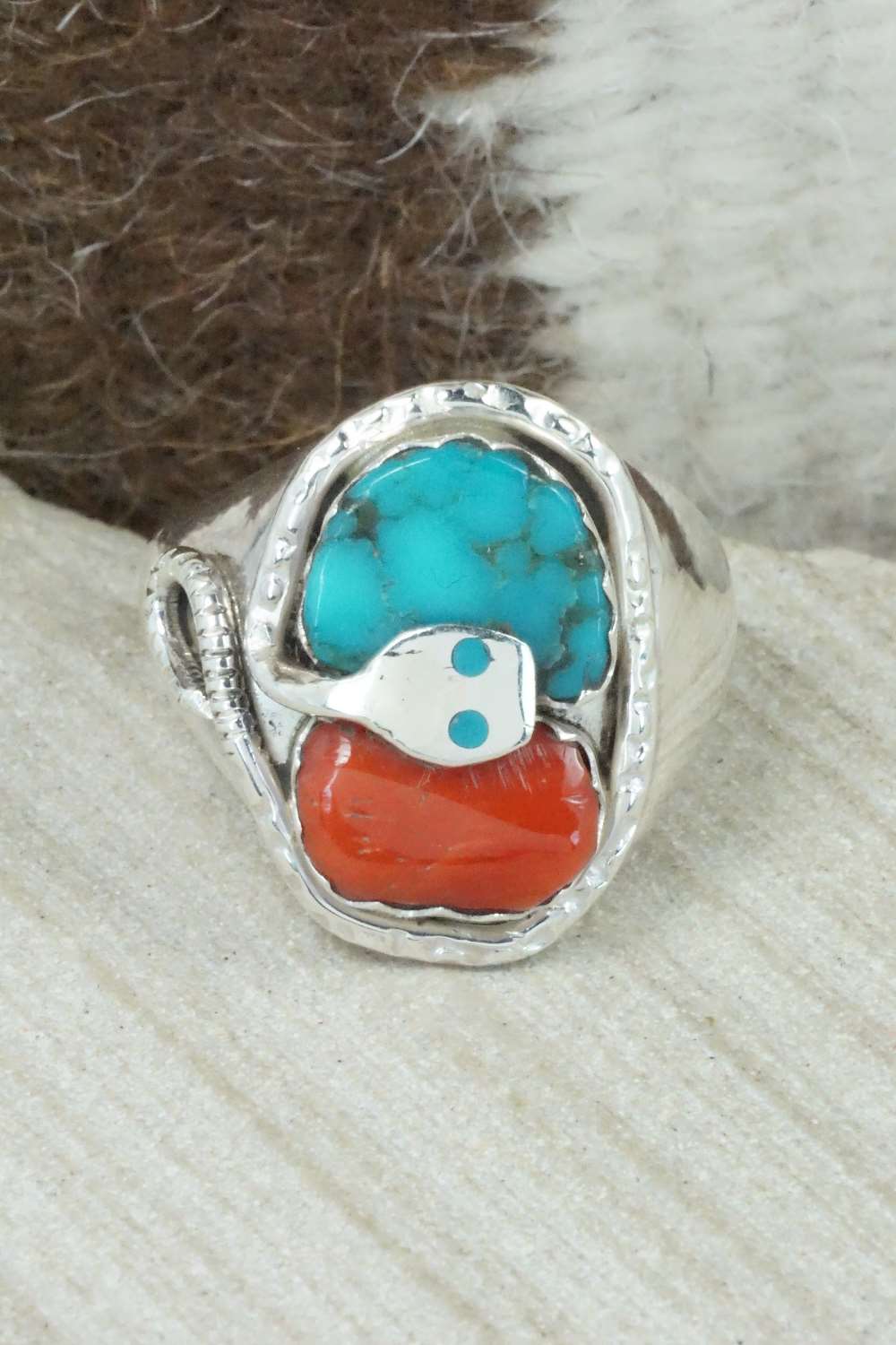 Turquoise, Coral & Sterling Silver Ring - Joy Calavaza - Size 11