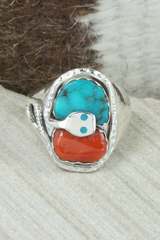 Turquoise, Coral & Sterling Silver Ring - Joy Calavaza - Size 11