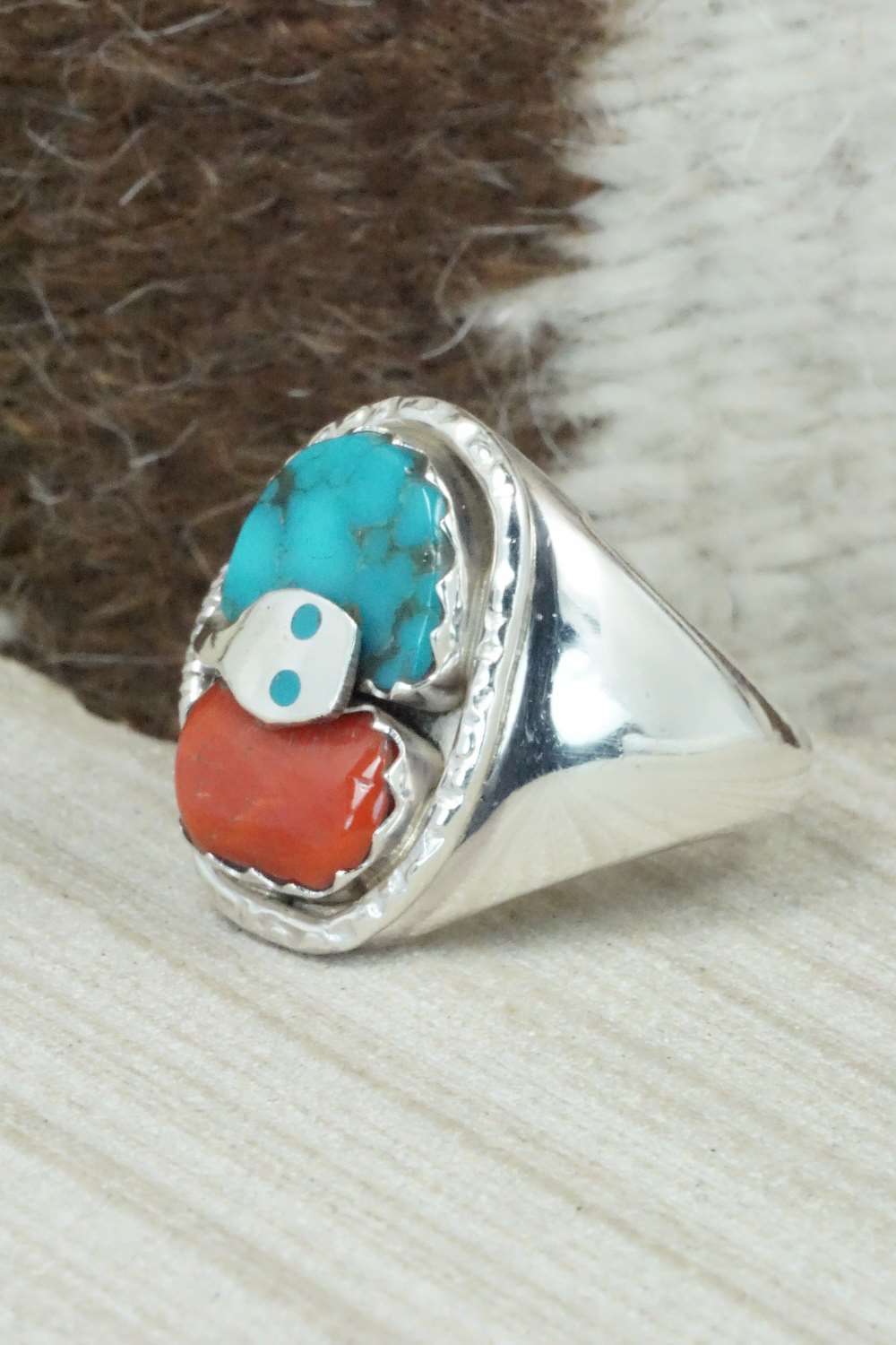 Turquoise, Coral & Sterling Silver Ring - Joy Calavaza - Size 11