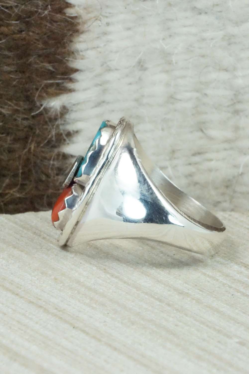 Turquoise, Coral & Sterling Silver Ring - Joy Calavaza - Size 11