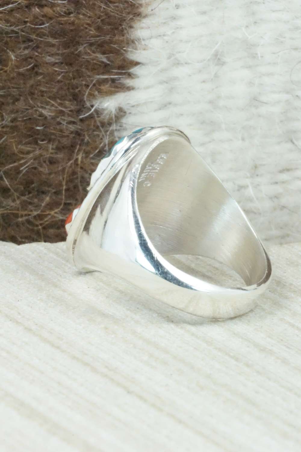 Turquoise, Coral & Sterling Silver Ring - Joy Calavaza - Size 11