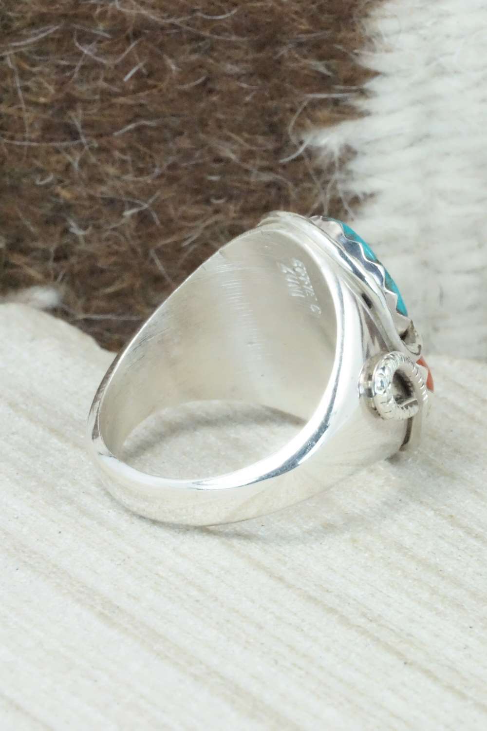 Turquoise, Coral & Sterling Silver Ring - Joy Calavaza - Size 11
