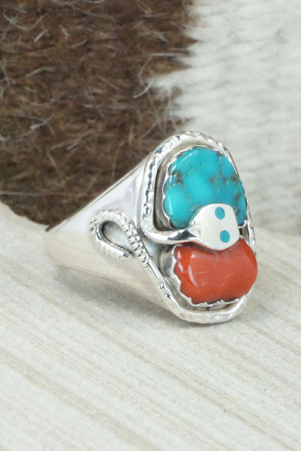 Turquoise, Coral & Sterling Silver Ring - Joy Calavaza - Size 11