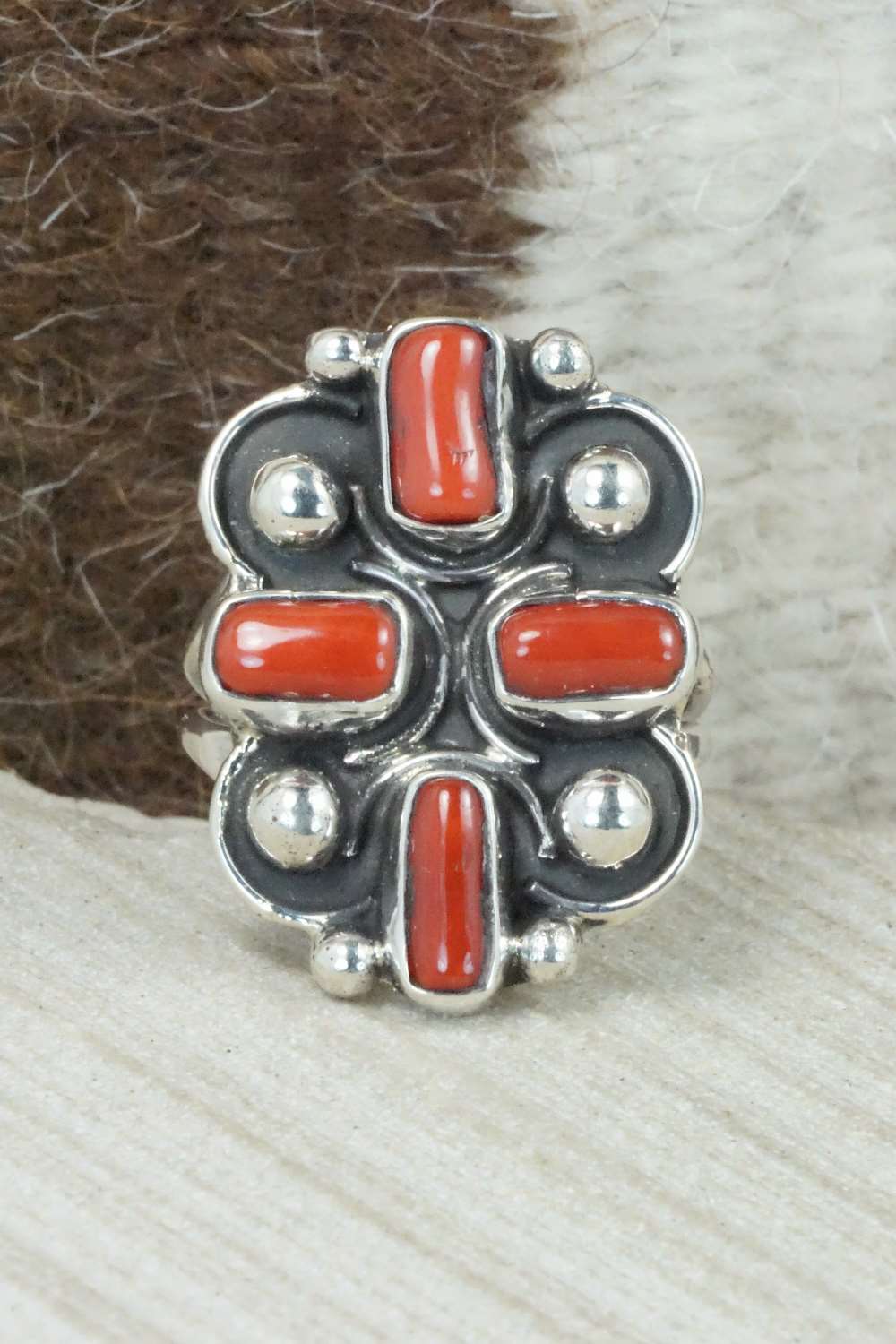 Coral & Sterling Silver Ring - Priscilla Reeder - Size 7