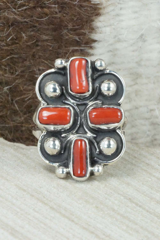 Coral & Sterling Silver Ring - Priscilla Reeder - Size 7
