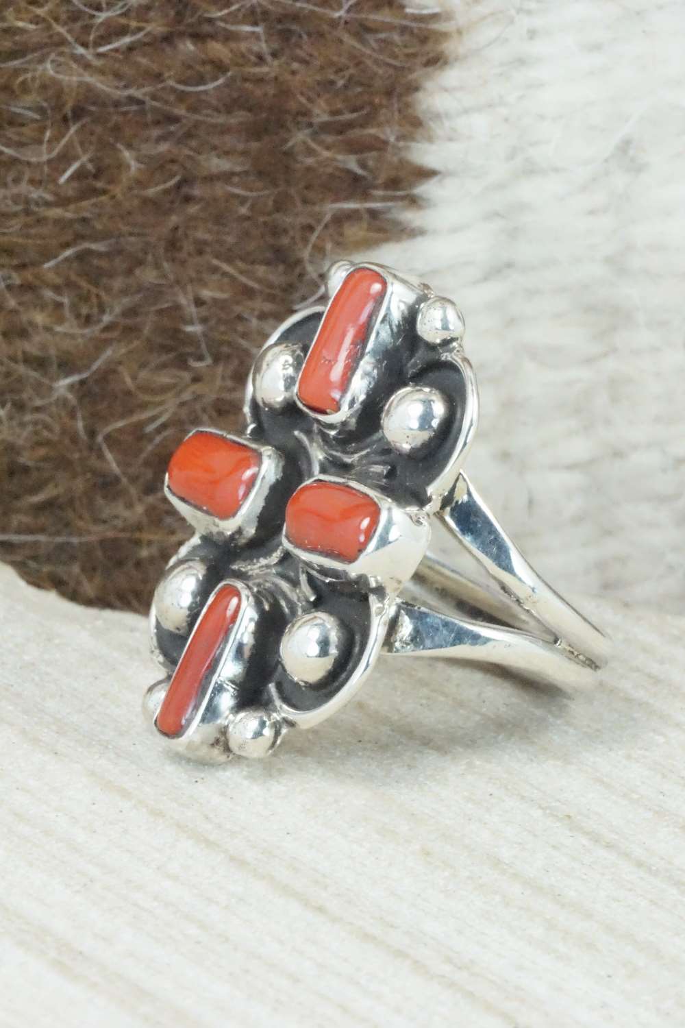 Coral & Sterling Silver Ring - Priscilla Reeder - Size 7