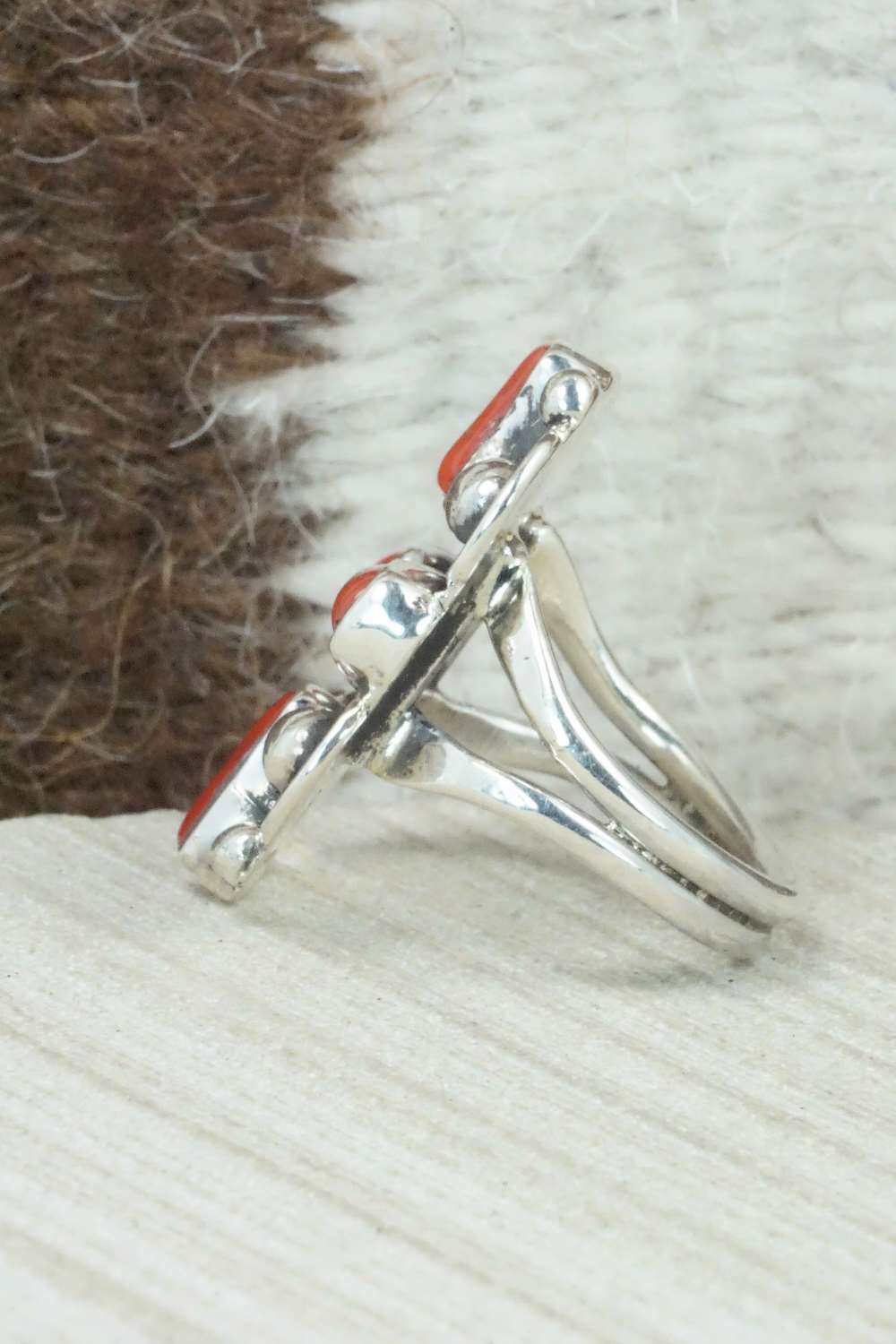 Coral & Sterling Silver Ring - Priscilla Reeder - Size 7