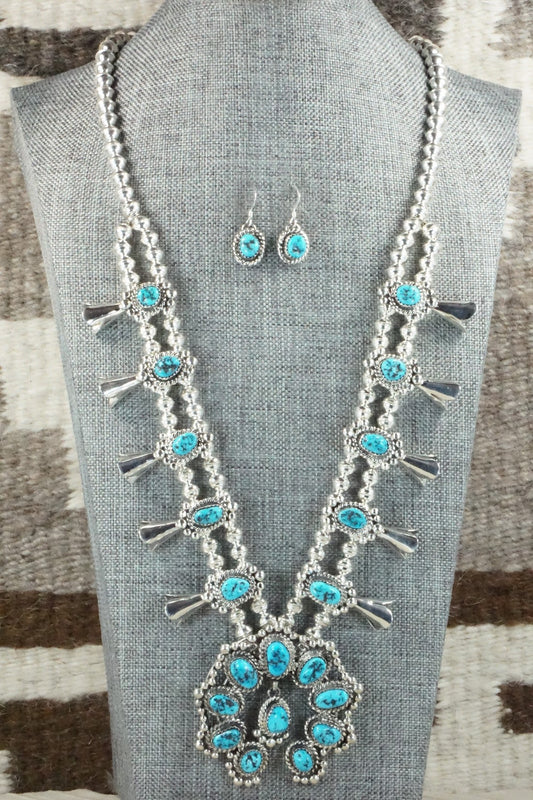 Turquoise & Sterling Silver Squash Blossom Necklace and Earrings - Vernon Johnson