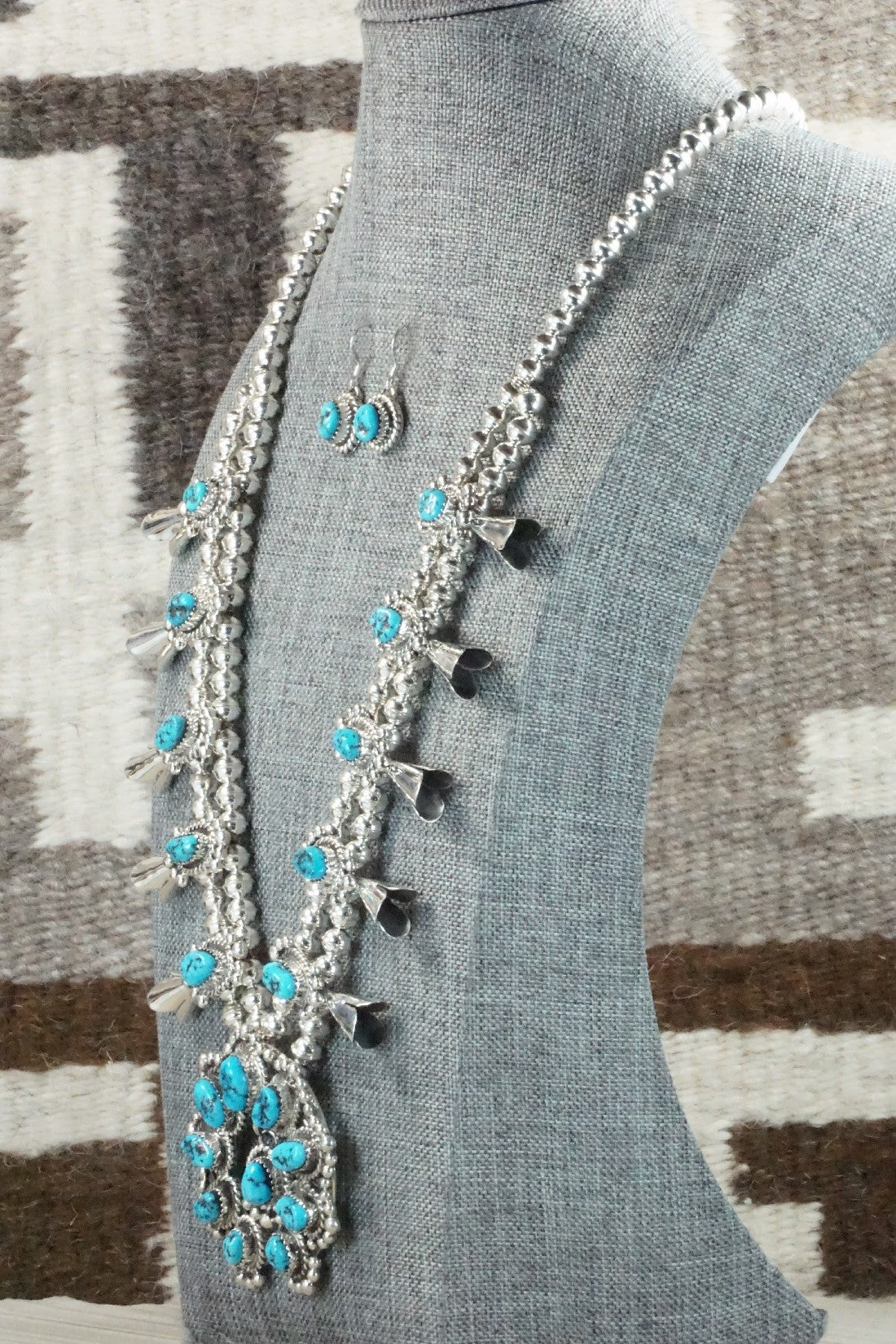 Turquoise & Sterling Silver Squash Blossom Necklace and Earrings - Vernon Johnson