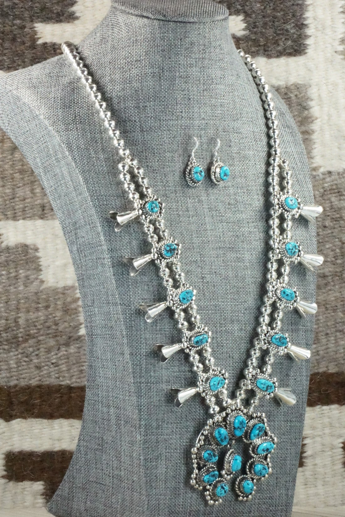 Turquoise & Sterling Silver Squash Blossom Necklace and Earrings - Vernon Johnson