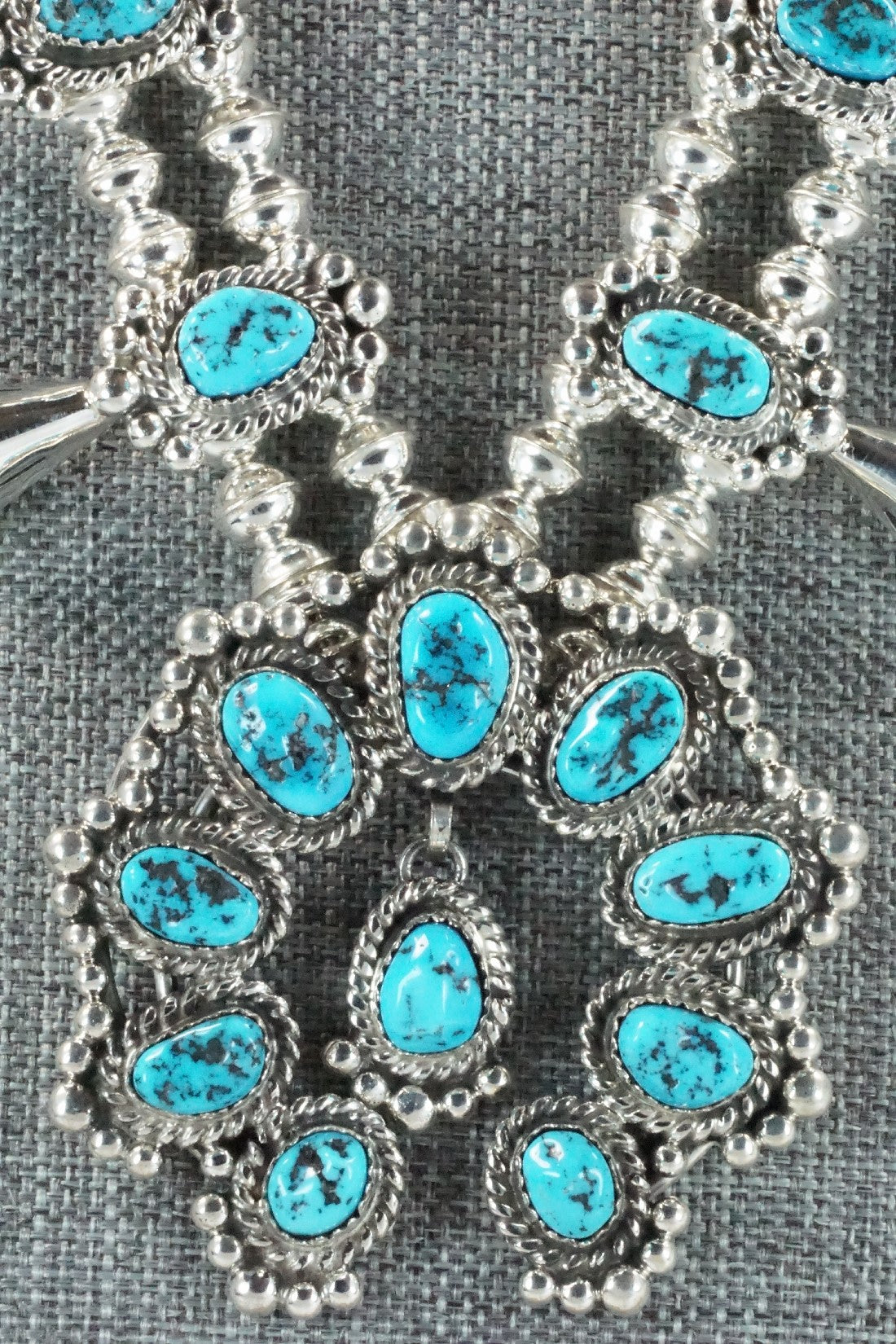 Turquoise & Sterling Silver Squash Blossom Necklace and Earrings - Vernon Johnson