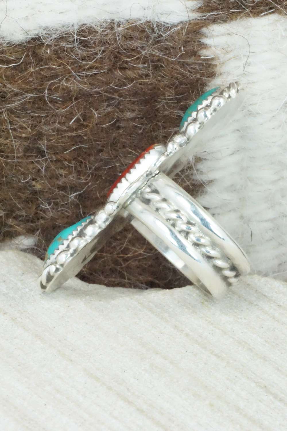 Turquoise, Spiny Oyster & Sterling Silver Ring - Cris Nez - Size 7