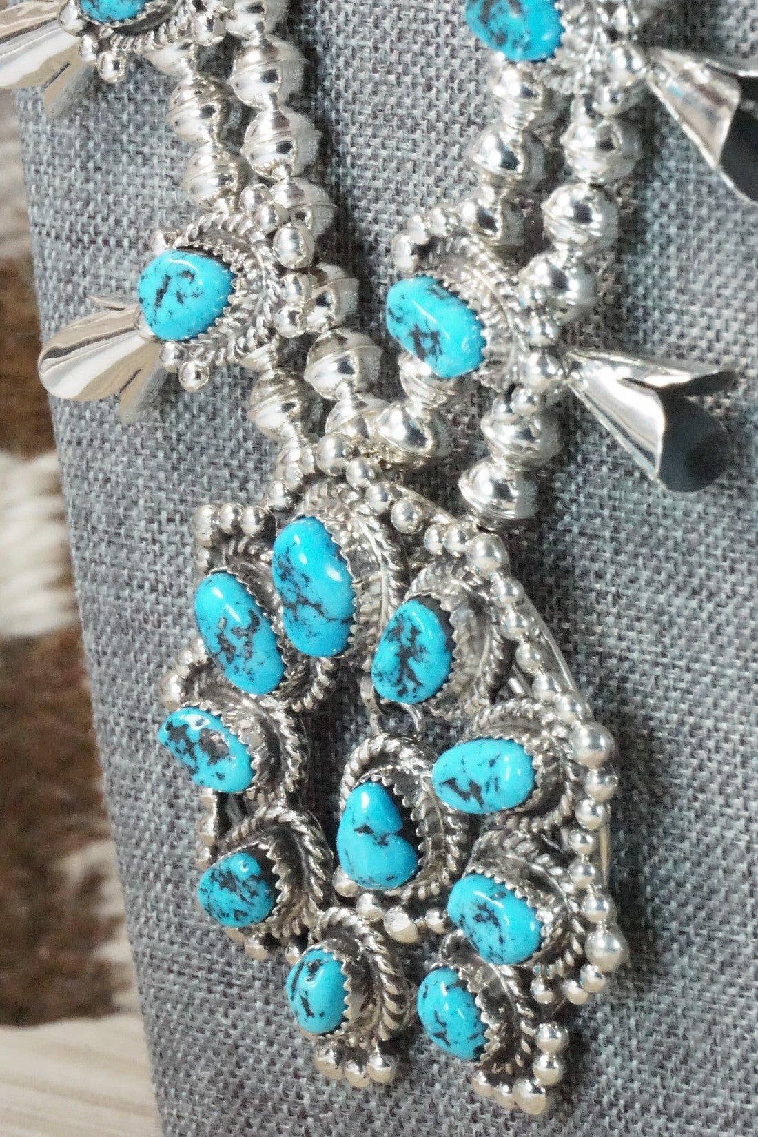 Turquoise & Sterling Silver Squash Blossom Necklace and Earrings - Vernon Johnson