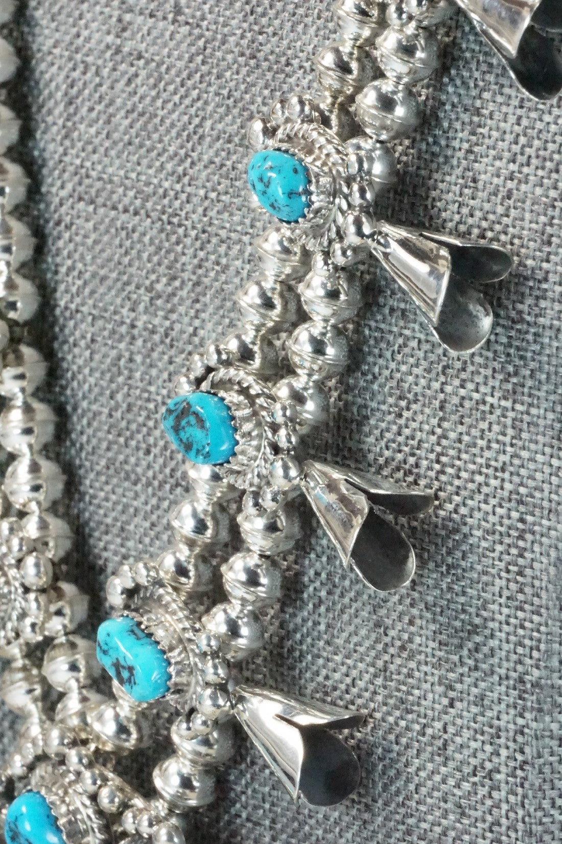 Turquoise & Sterling Silver Squash Blossom Necklace and Earrings - Vernon Johnson