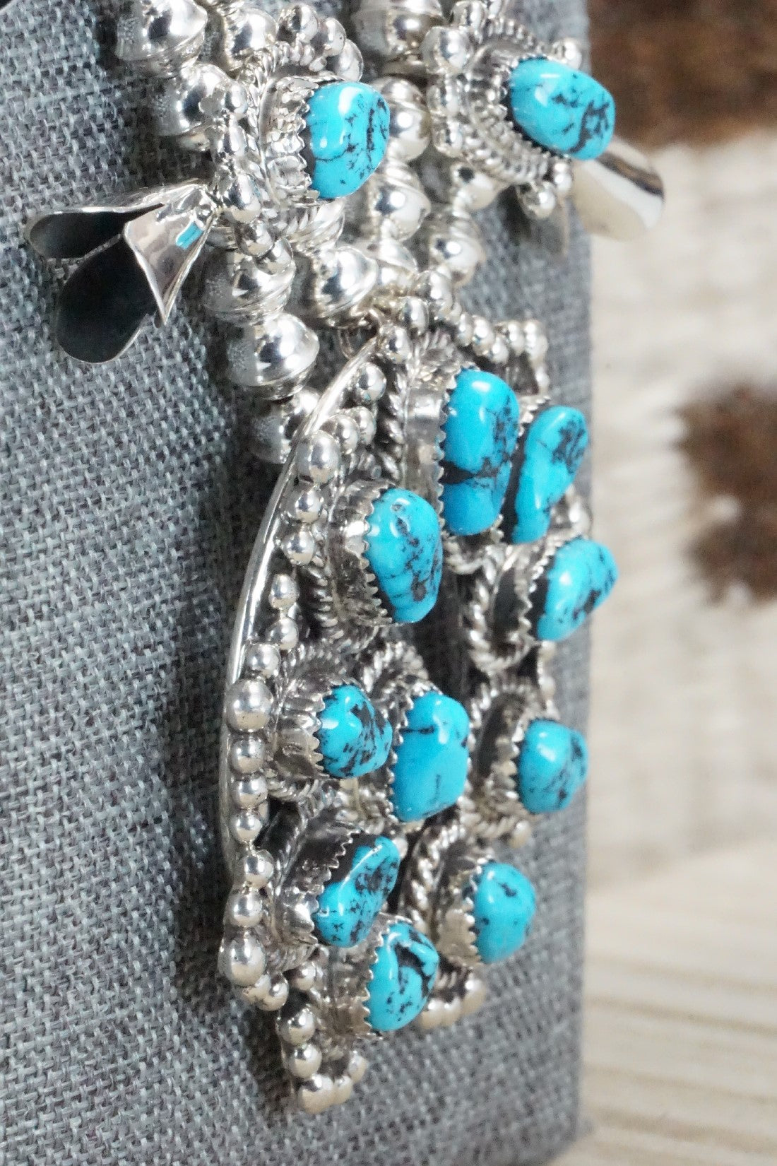 Turquoise & Sterling Silver Squash Blossom Necklace and Earrings - Vernon Johnson
