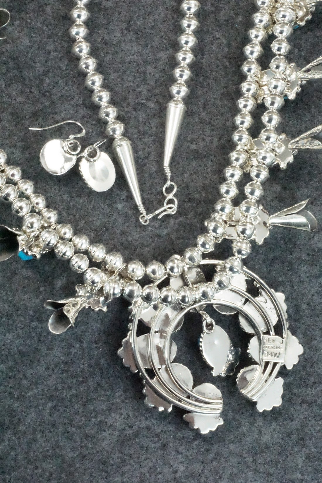 Turquoise & Sterling Silver Squash Blossom Necklace and Earrings - Vernon Johnson