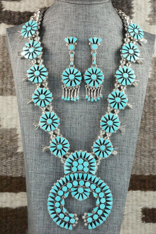 Turquoise & Sterling Silver Squash Blossom Necklace and Earrings - Merlinda Chavez