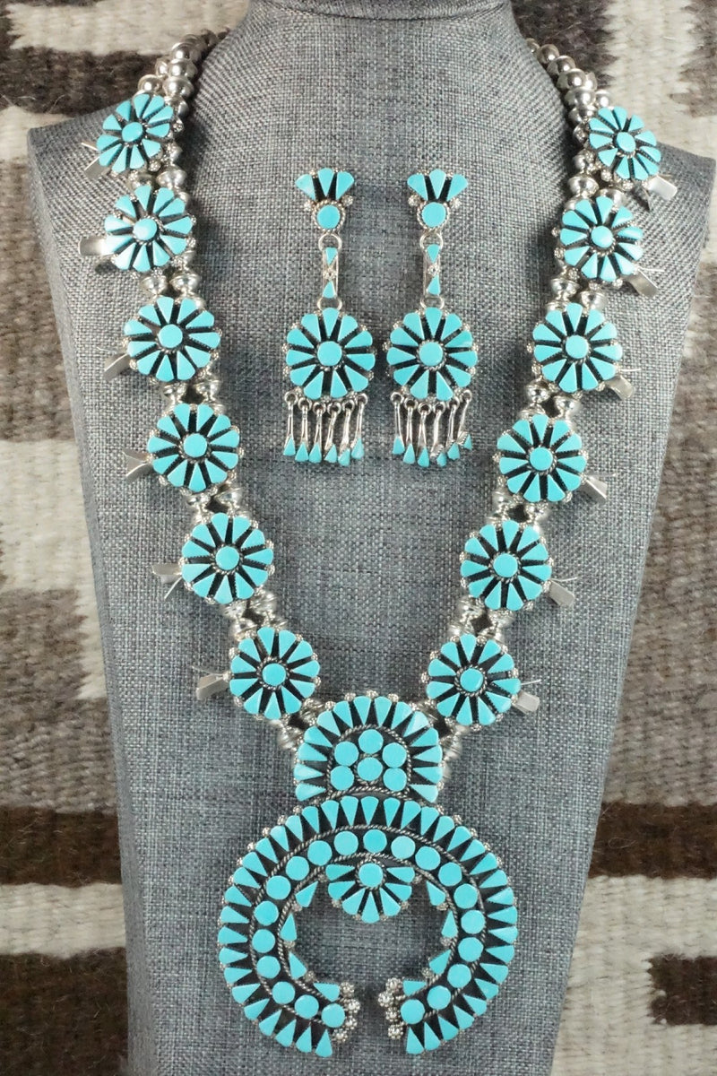 Turquoise & Sterling Silver Squash Blossom Necklace and Earrings - Merlinda Chavez