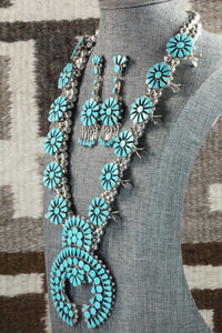 Turquoise & Sterling Silver Squash Blossom Necklace and Earrings - Merlinda Chavez