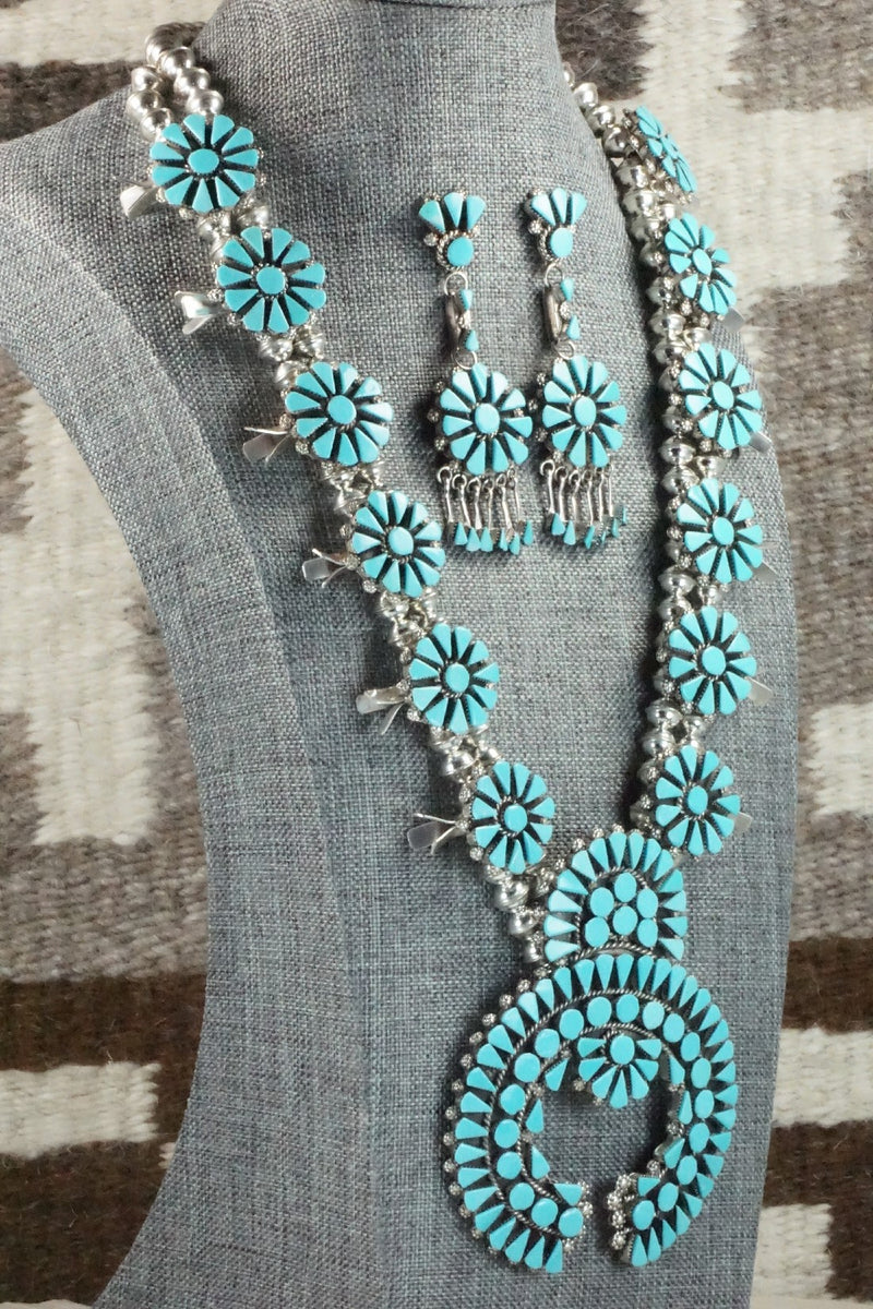 Turquoise & Sterling Silver Squash Blossom Necklace and Earrings - Merlinda Chavez
