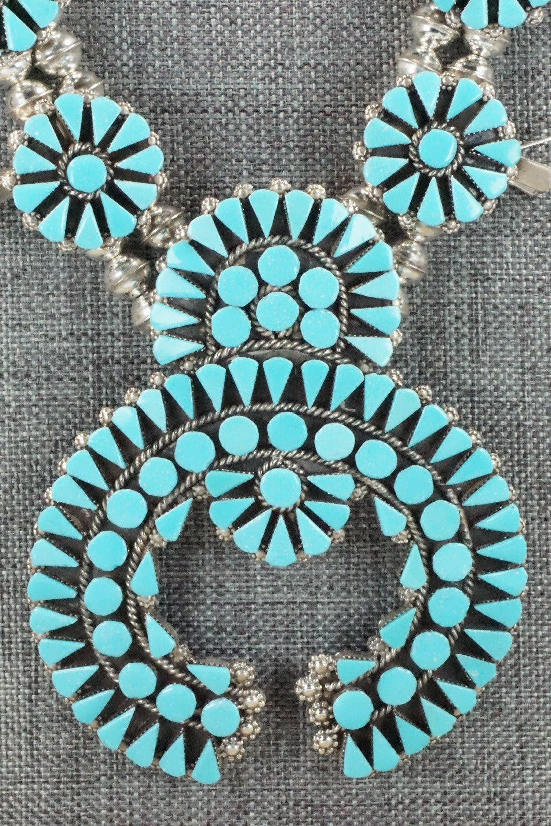 Turquoise & Sterling Silver Squash Blossom Necklace and Earrings - Merlinda Chavez