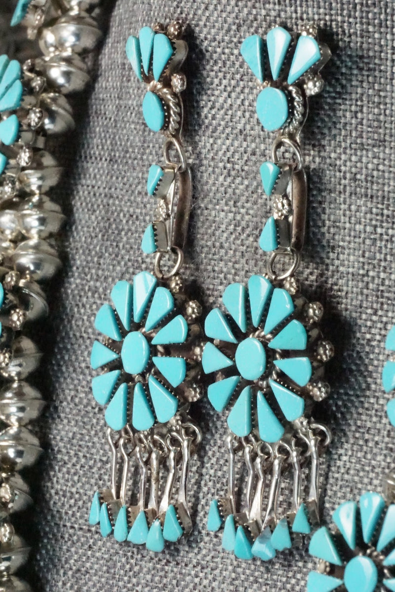 Turquoise & Sterling Silver Squash Blossom Necklace and Earrings - Merlinda Chavez