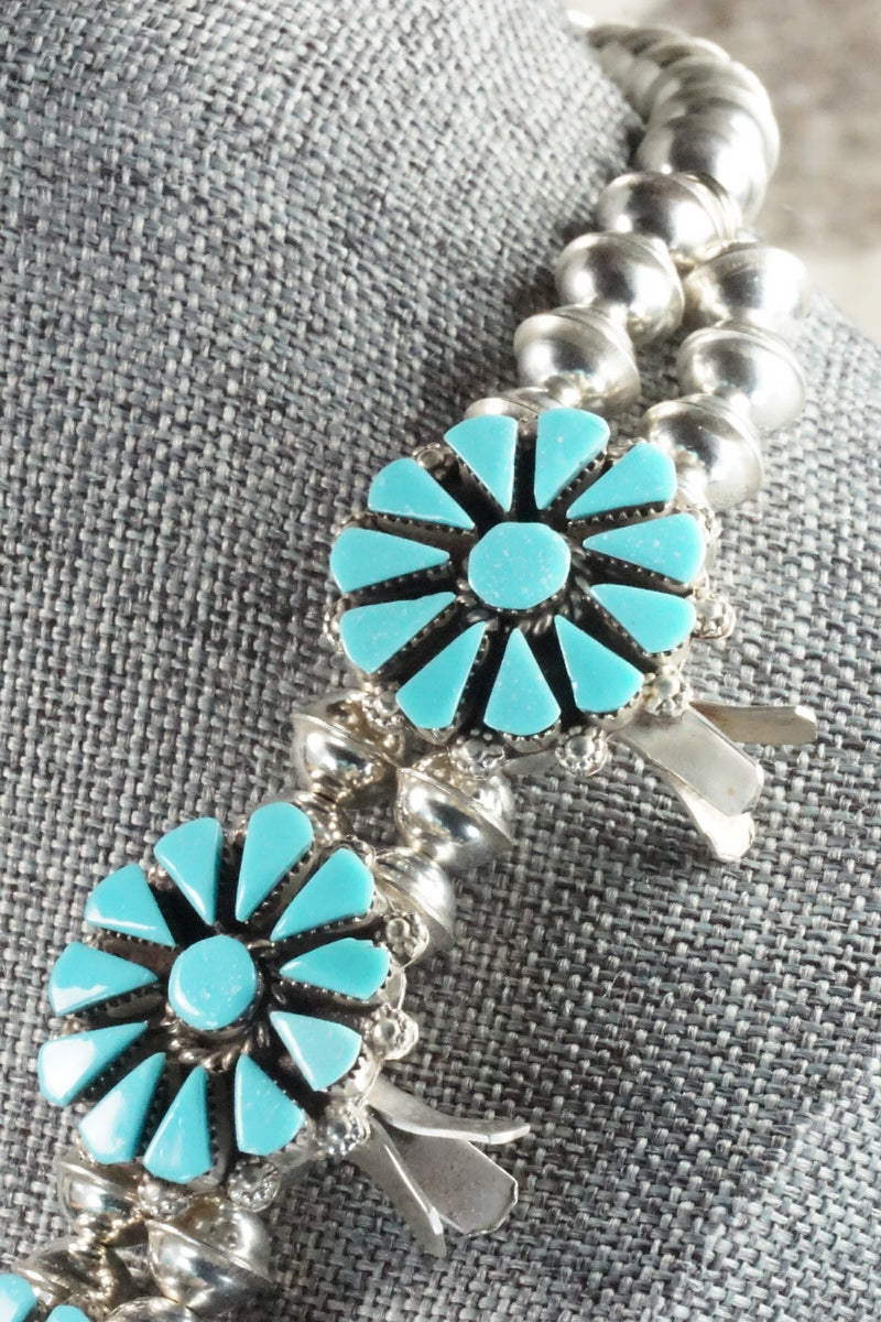 Turquoise & Sterling Silver Squash Blossom Necklace and Earrings - Merlinda Chavez