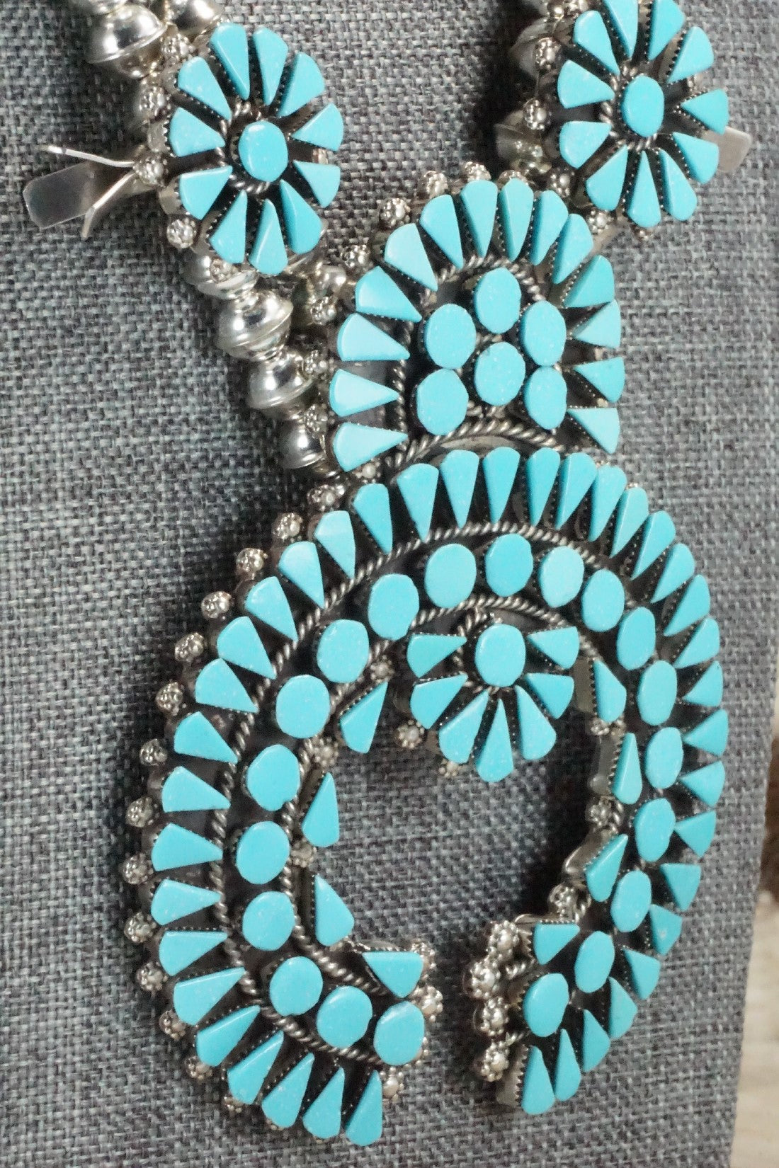 Turquoise & Sterling Silver Squash Blossom Necklace and Earrings - Merlinda Chavez
