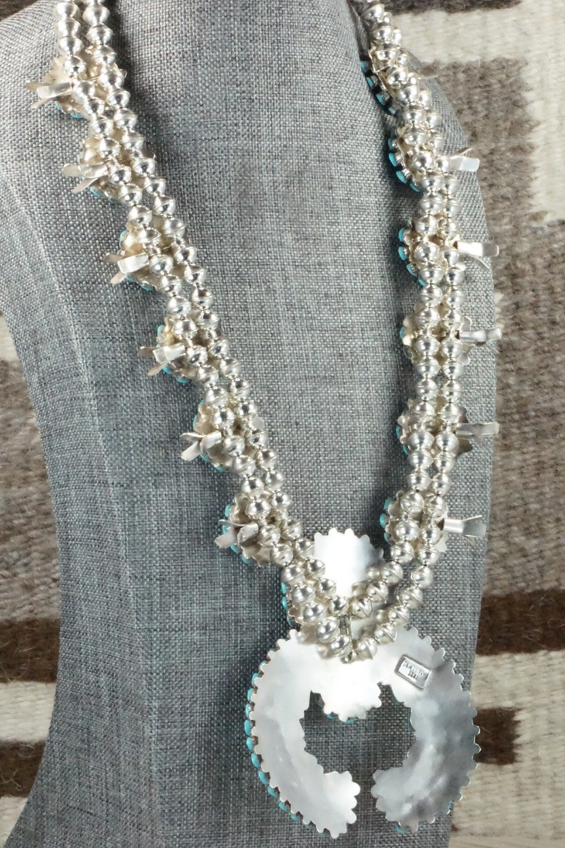 Turquoise & Sterling Silver Squash Blossom Necklace and Earrings - Merlinda Chavez