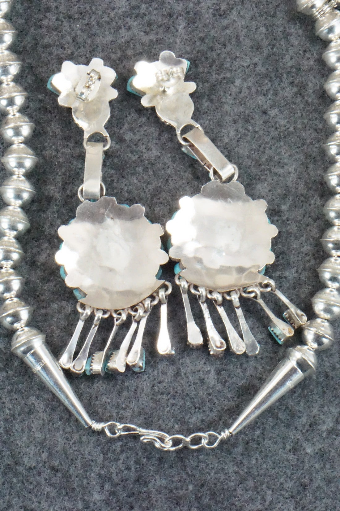 Turquoise & Sterling Silver Squash Blossom Necklace and Earrings - Merlinda Chavez