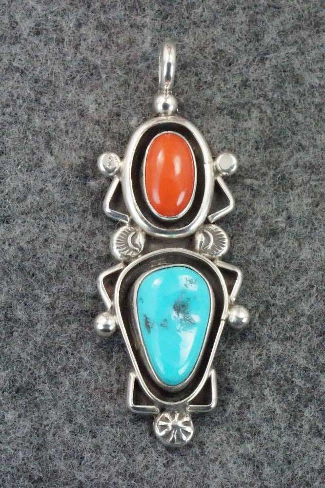 Turquoise, Coral & Sterling Silver Pendant - Roger Lewis