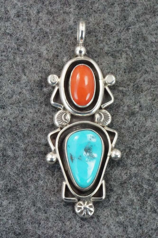 Turquoise, Coral & Sterling Silver Pendant - Roger Lewis
