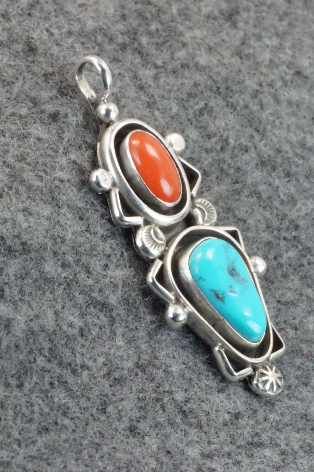 Turquoise, Coral & Sterling Silver Pendant - Roger Lewis