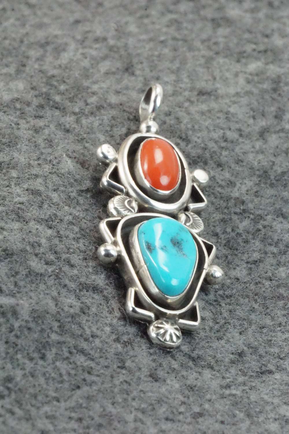 Turquoise, Coral & Sterling Silver Pendant - Roger Lewis