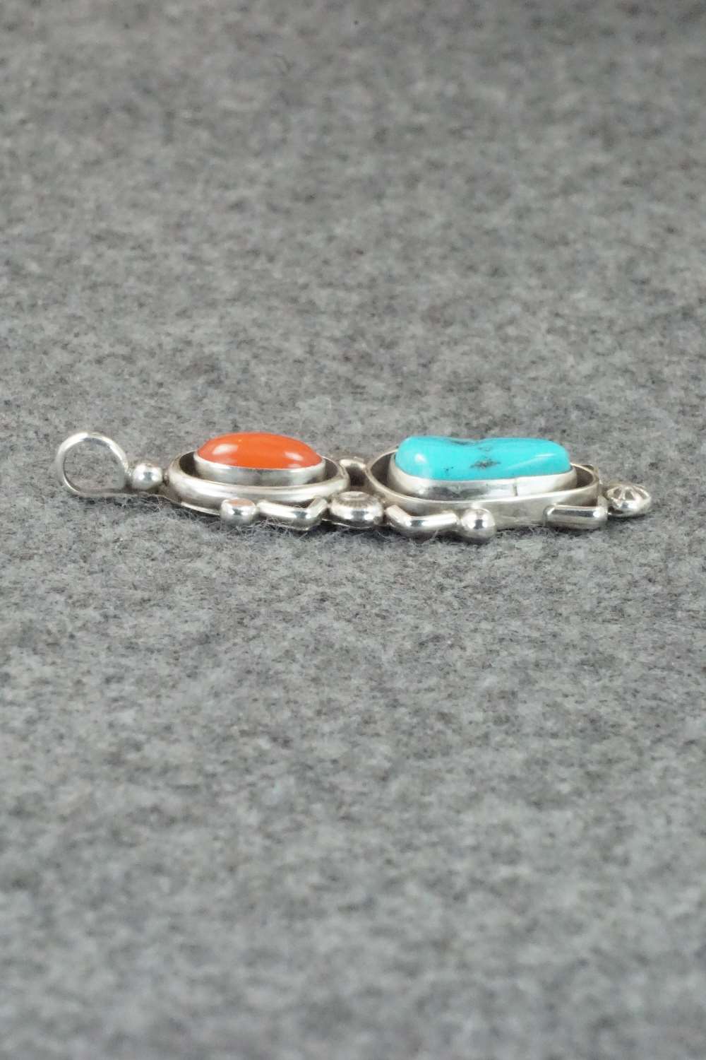 Turquoise, Coral & Sterling Silver Pendant - Roger Lewis