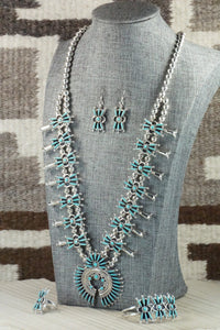 Turquoise & Sterling Silver Squash Blossom Necklace Set - Jack Etsate
