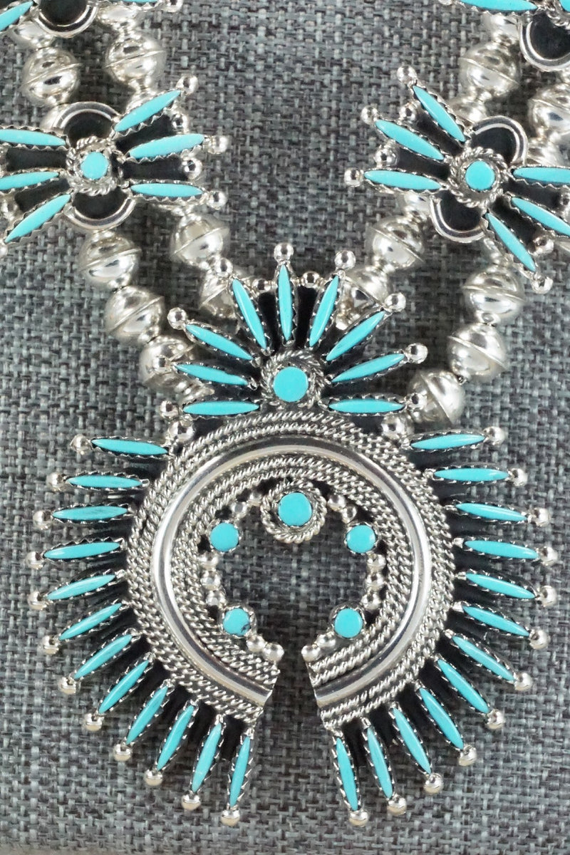 Turquoise & Sterling Silver Squash Blossom Necklace Set - Jack Etsate