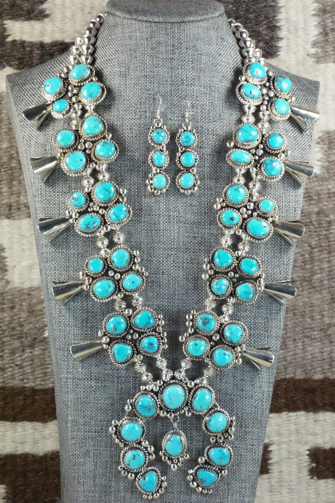 Turquoise & Sterling Silver Squash Blossom Necklace and Earrings - Vernon Johnson