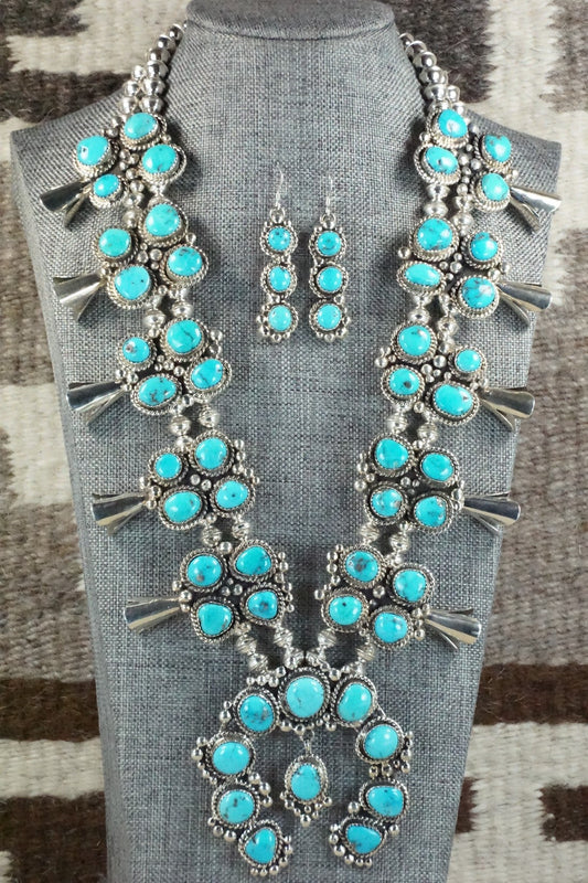 Turquoise & Sterling Silver Squash Blossom Necklace and Earrings - Vernon Johnson