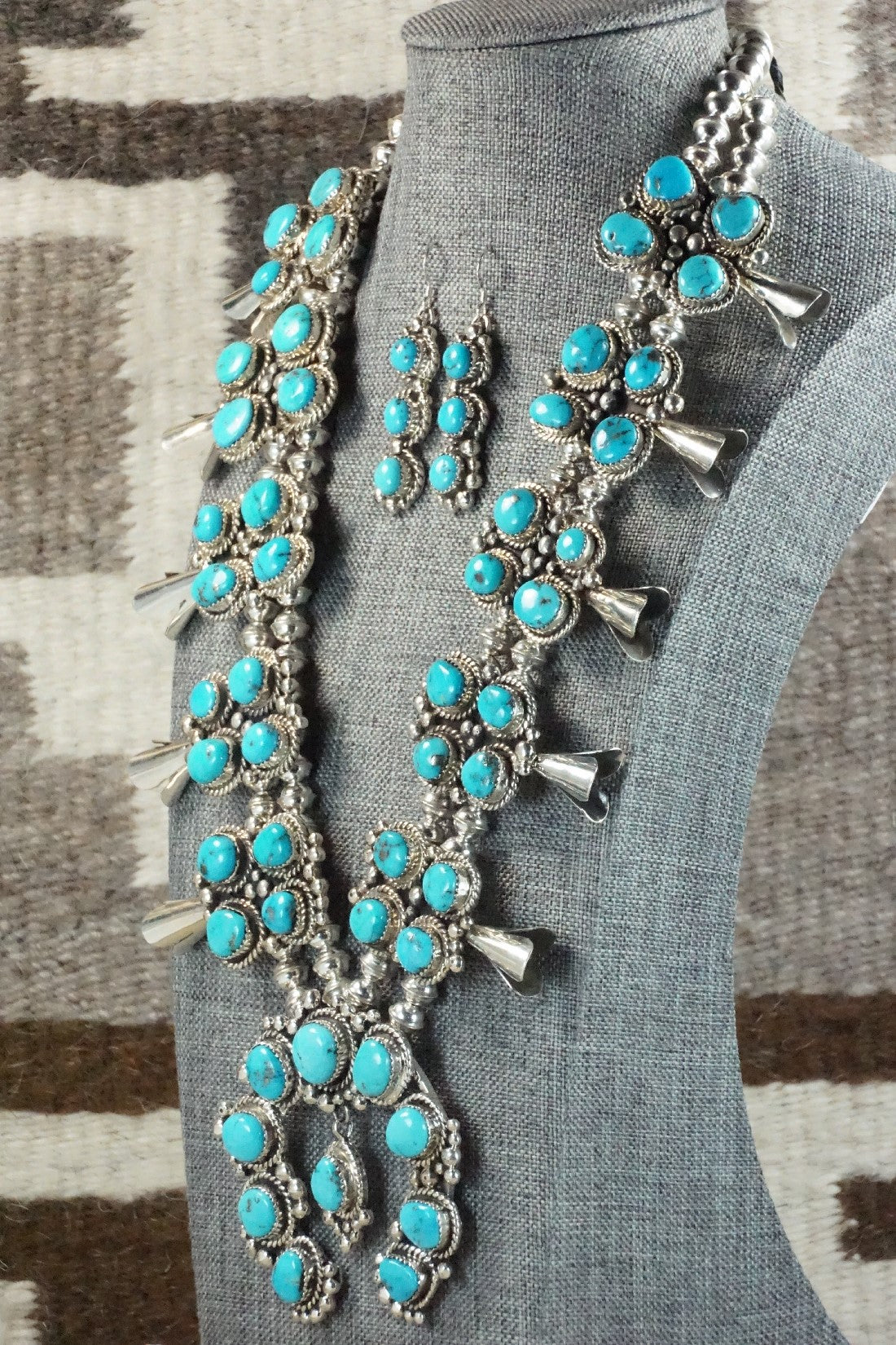 Turquoise & Sterling Silver Squash Blossom Necklace and Earrings - Vernon Johnson