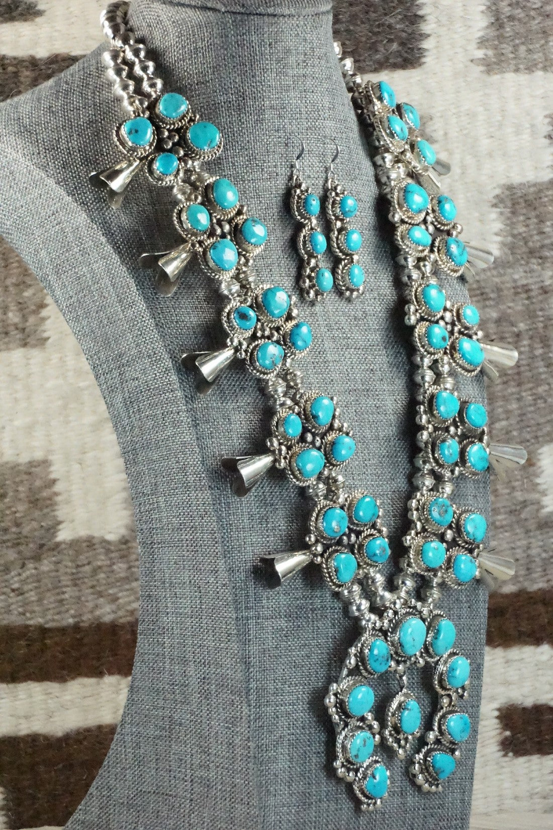 Turquoise & Sterling Silver Squash Blossom Necklace and Earrings - Vernon Johnson