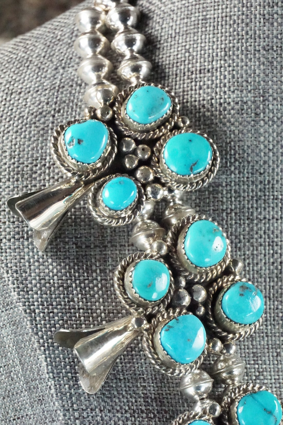 Turquoise & Sterling Silver Squash Blossom Necklace and Earrings - Vernon Johnson