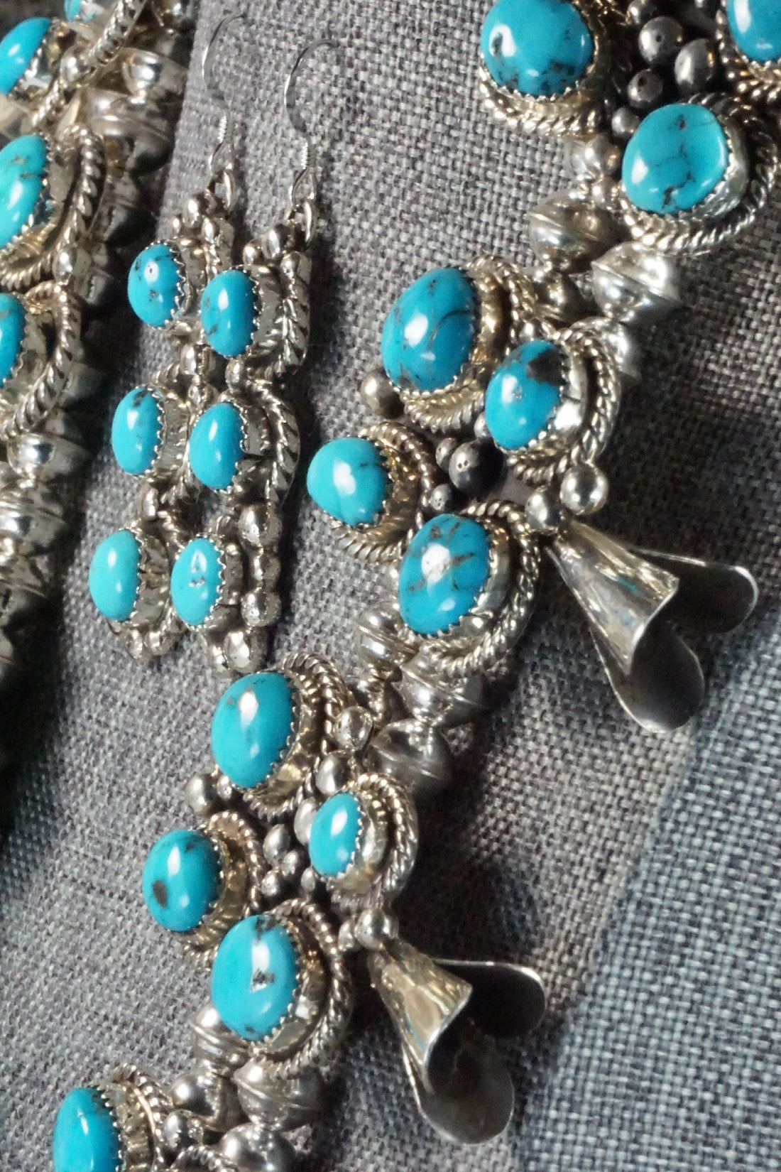 Turquoise & Sterling Silver Squash Blossom Necklace and Earrings - Vernon Johnson
