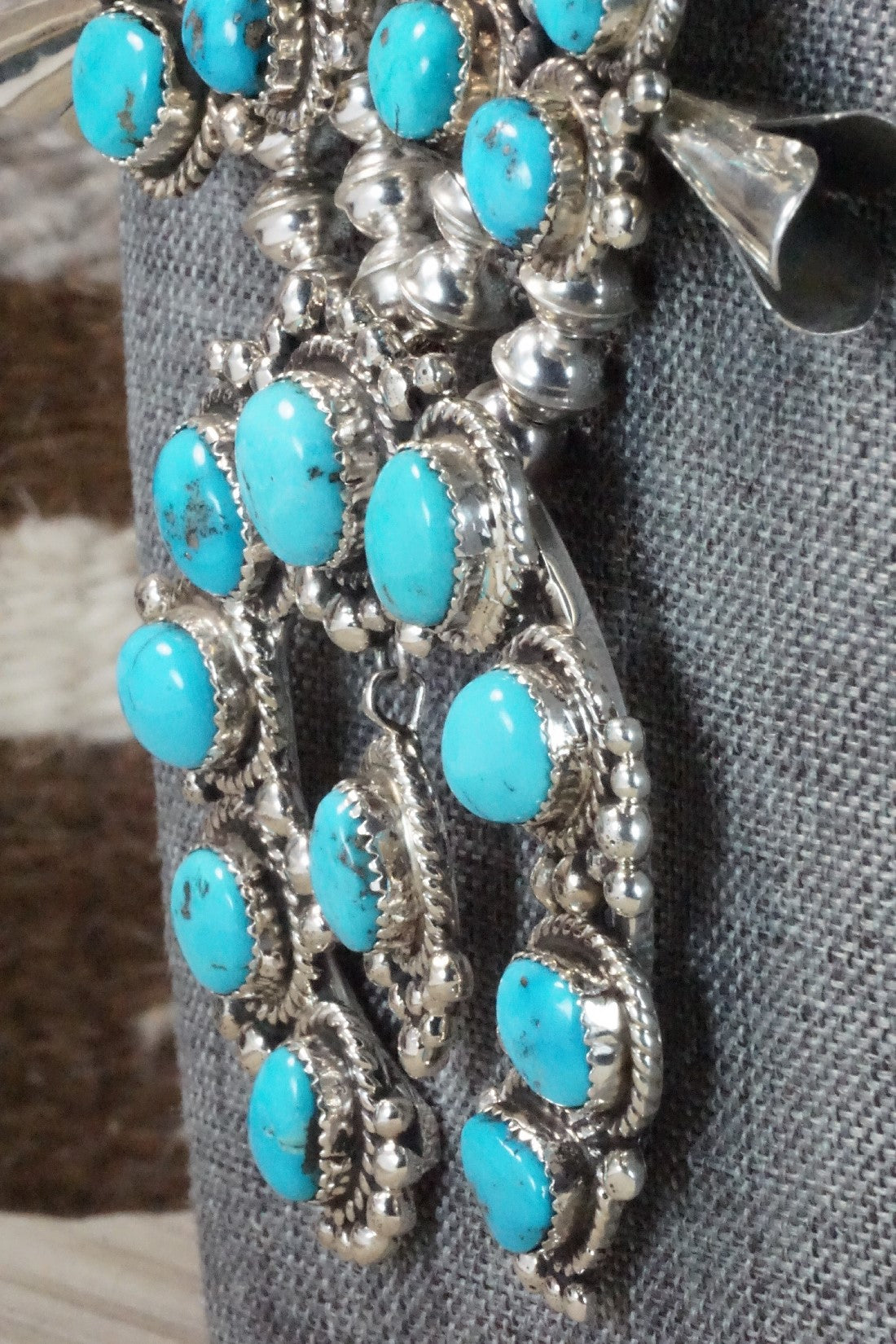 Turquoise & Sterling Silver Squash Blossom Necklace and Earrings - Vernon Johnson