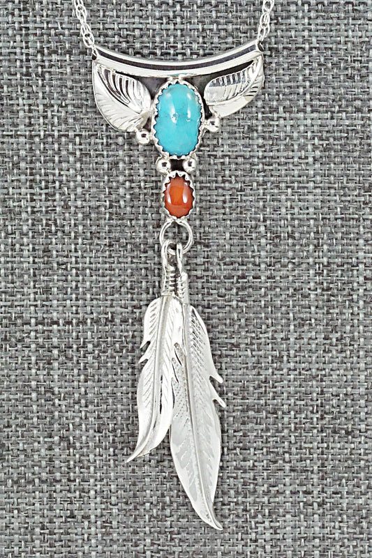 Turquoise, Coral & Sterling Silver Necklace - Sharon McCarthy