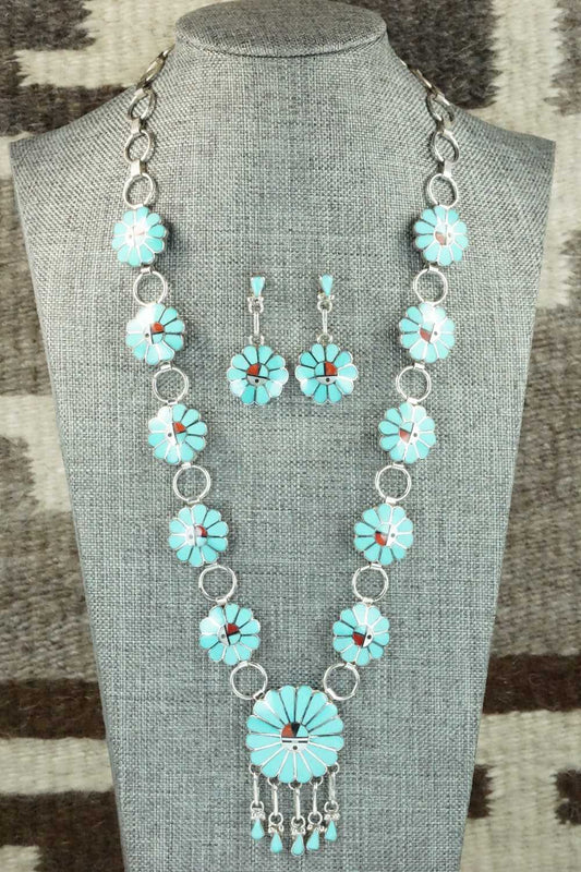 Turquoise & Sterling Silver Necklace and Earrings Set - Burdian Soseeah